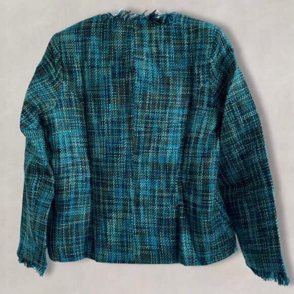 Dialogue Tweed Jacket 2 Pockets Front Closure Long Sleeve Fringe-Edged Teal W 10 - Picture 2 of 13